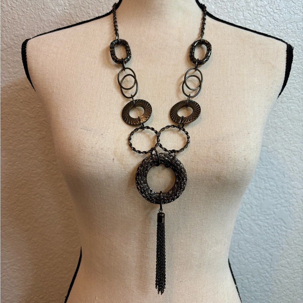 Black Gunmetal Circle Tassel Statement Necklace - Women’s Jewelry
